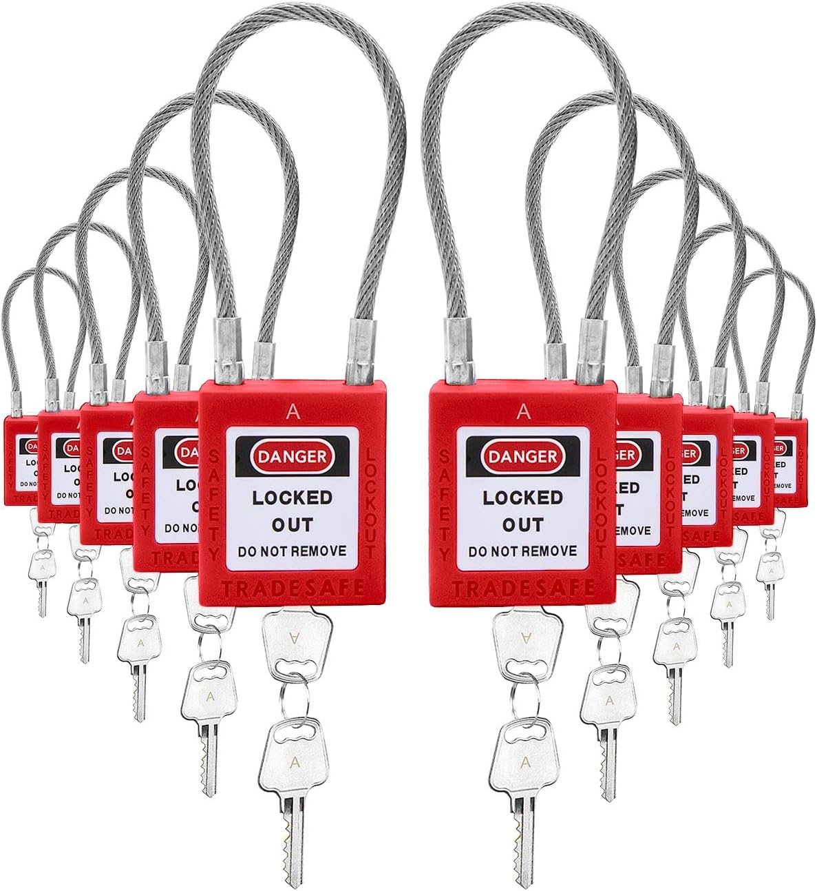 10 Red Keyed Alike Steel Cable Lockout Padlock Set R324