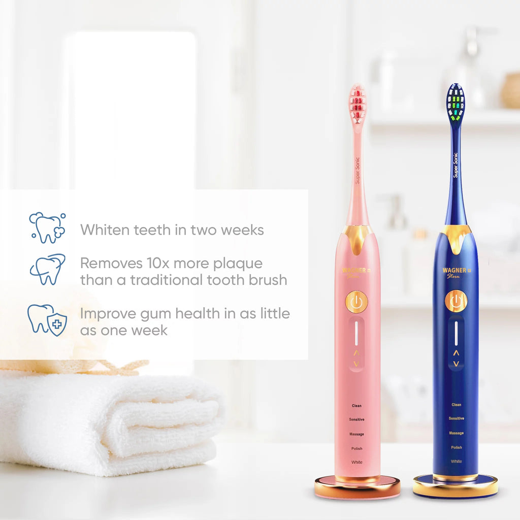 2 Electric Toothbrushes with Pressure Sensor, 5 Brushing Modes, Pink/Blue V6905
