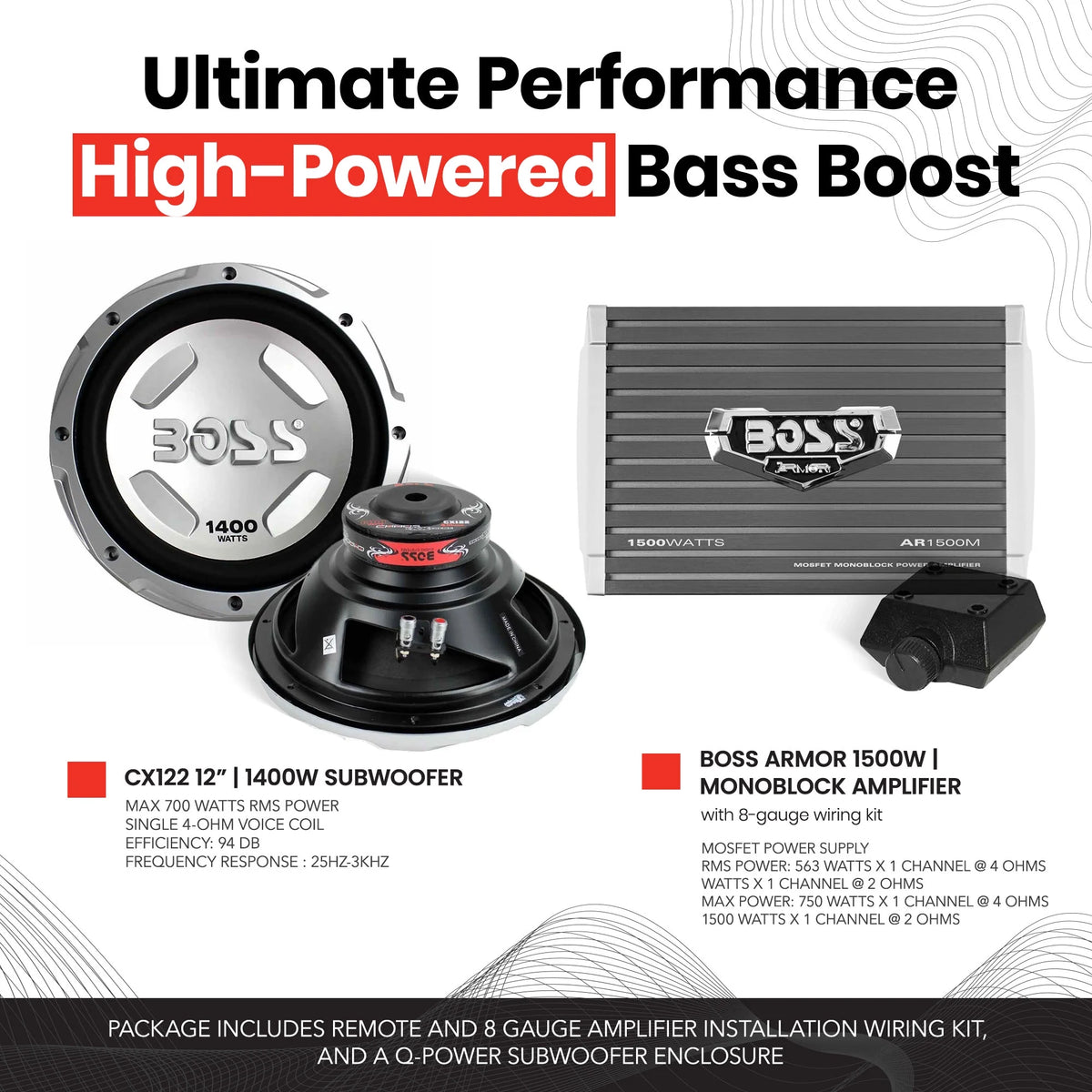12" 1400W Subwoofer, 1500W Amplifier with Amp Kit & 12" Enclosure B939