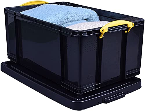 48 Litre Solid Black Plastic Storage Box with Yellow Handles M700