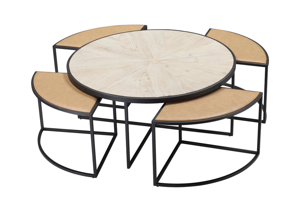 Black Round Coffee Table with 4 Nesting Stools G74040