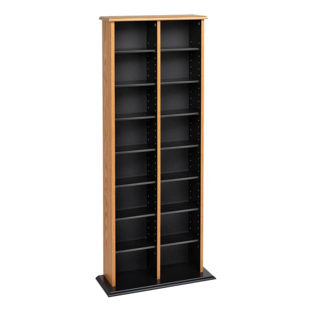 Oak and Black Double Multimedia Tower Storage Cabinet Q475765