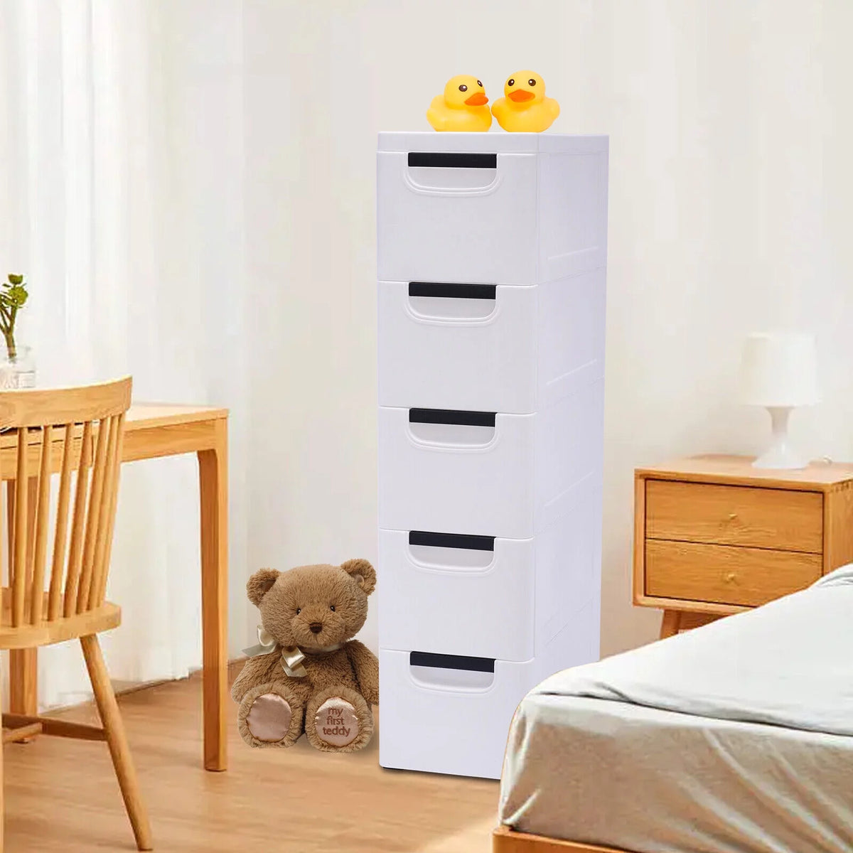 White Narrow Plastic 5 Drawers Dresser with Wheels V41333