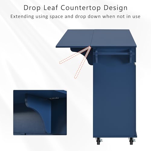 Large Kitchen Island with 2 Drop Leaf, Rolling Kitchen Cart on 5 Wheels with Power Outlet, Folding Storage Dining Table with Spice & Towel Rack, 3 Drawers K771675