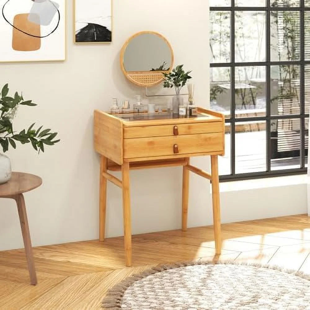 Vanity Desk with Rotating Mirror 2 Drawers Tempered Glass Tabletop X13002