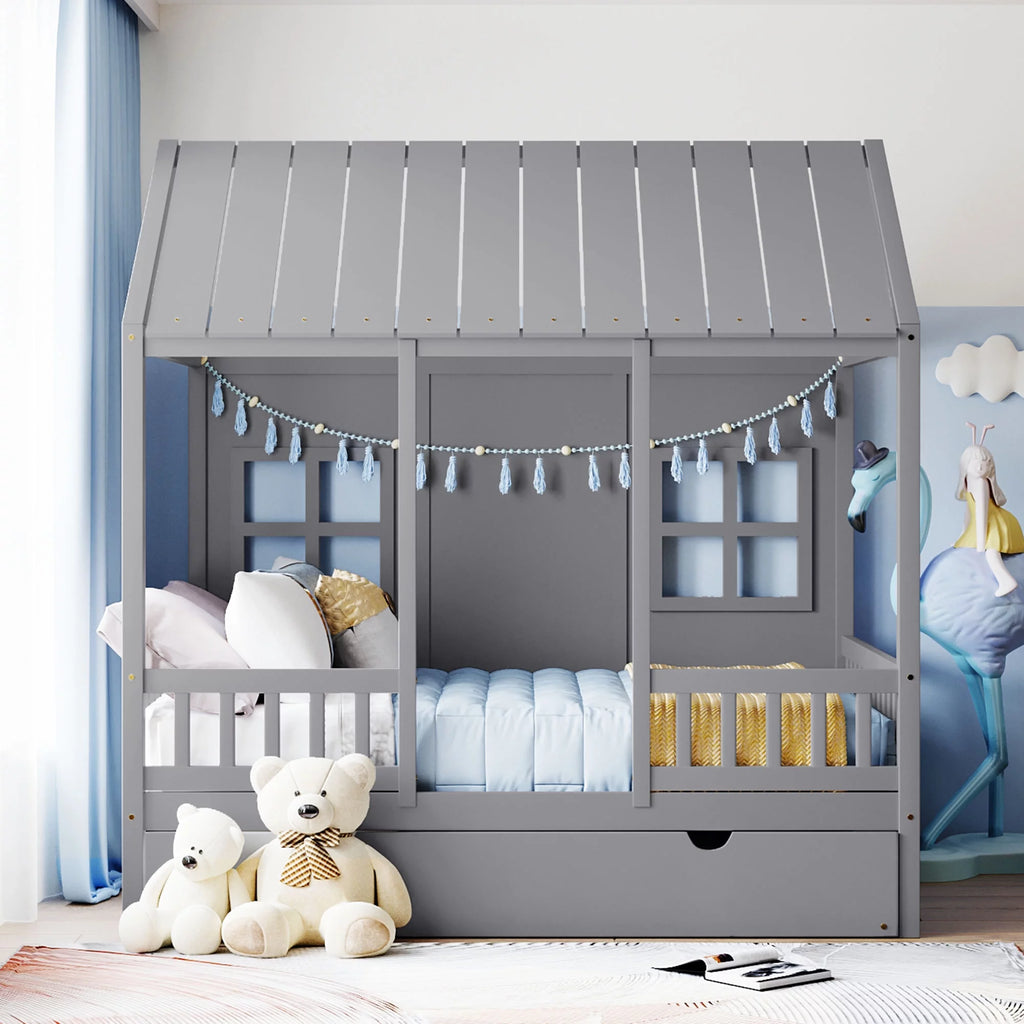 Full Size Wood House Bed with Twin Trundle Gray A32408