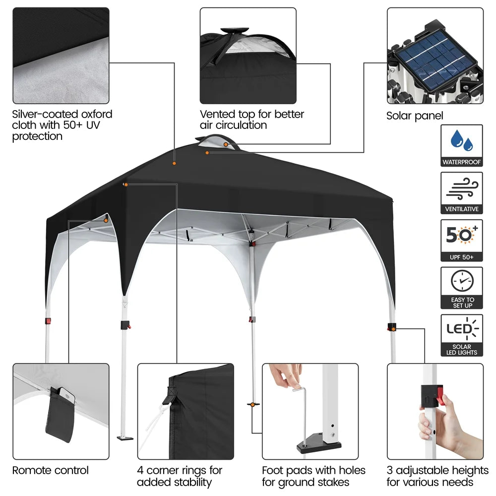 Black 10×10ft Canopy Tent with 17 Solar LED Lights Q6953