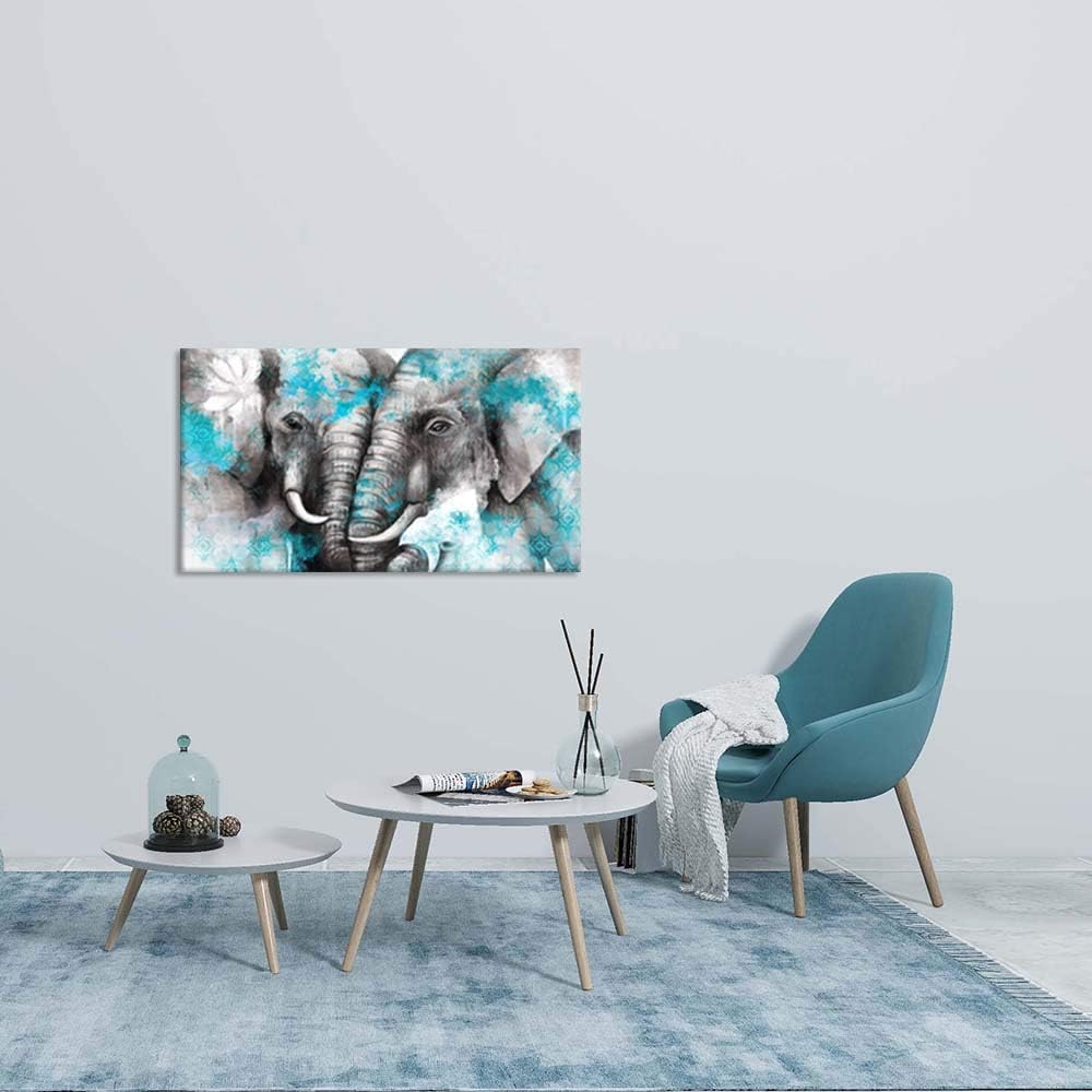 Large Animal Canvas Wall Art Elephant Couple in Love Boho Decor Mandala Elephant Grey and Teal Artwork Stretched and Framed Ready to Hang 20x36inch F194