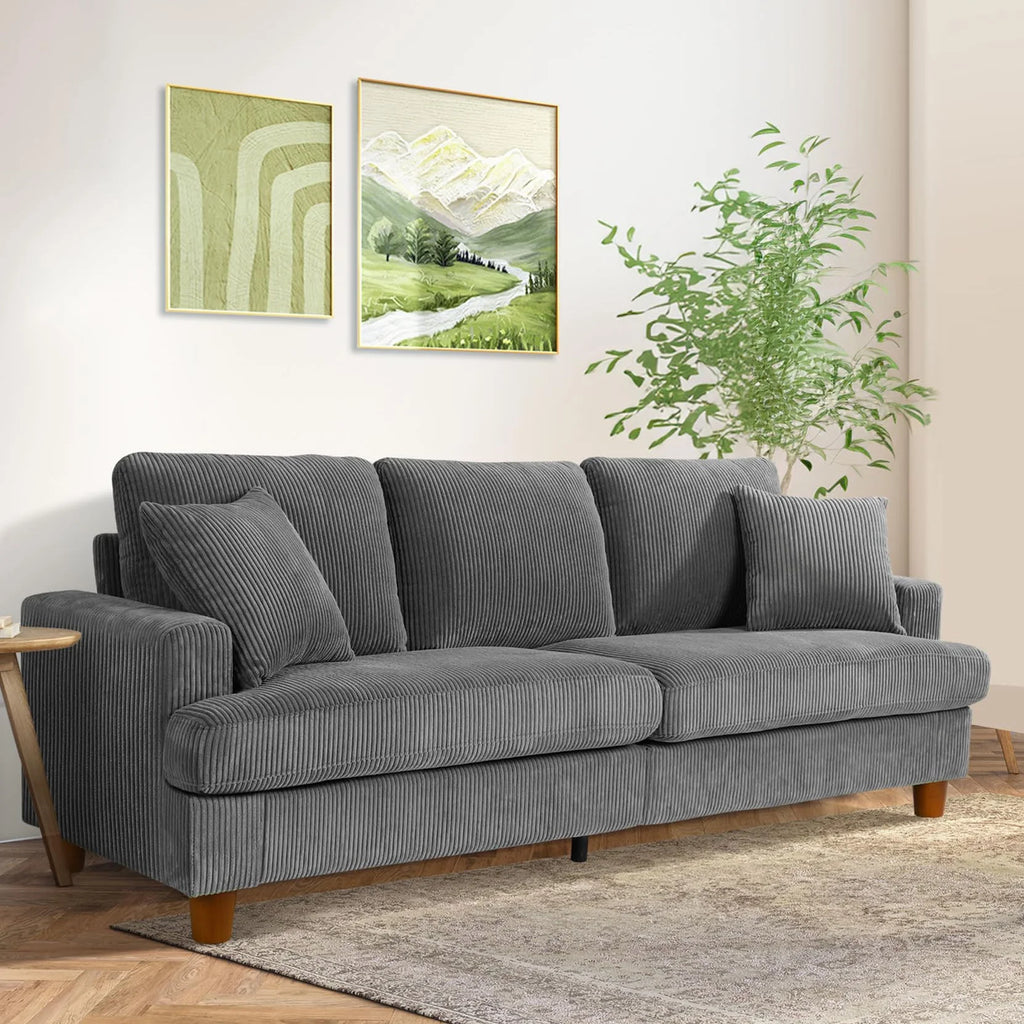 Gray Corduroy 3 Seater Sofa with 2 Pillows R241796