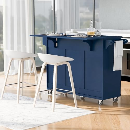 Large Kitchen Island with 2 Drop Leaf, Rolling Kitchen Cart on 5 Wheels with Power Outlet, Folding Storage Dining Table with Spice & Towel Rack, 3 Drawers K771675