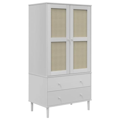 White Solid Pine Wood Wardrobe with Rattan Look Design Y7525