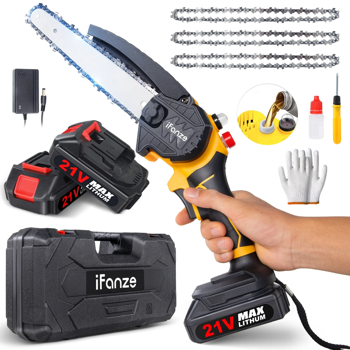 8-inch Cordless Mini Chainsaw with 2 Batteries 3 Chains G106