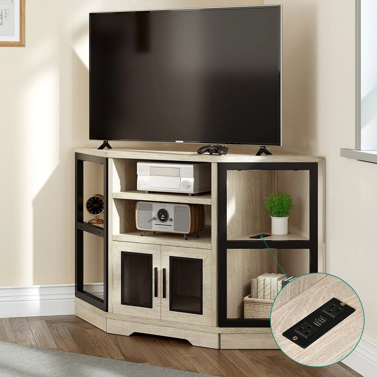 Farmhouse Corner TV Stand with Power Outlet Oak U293429