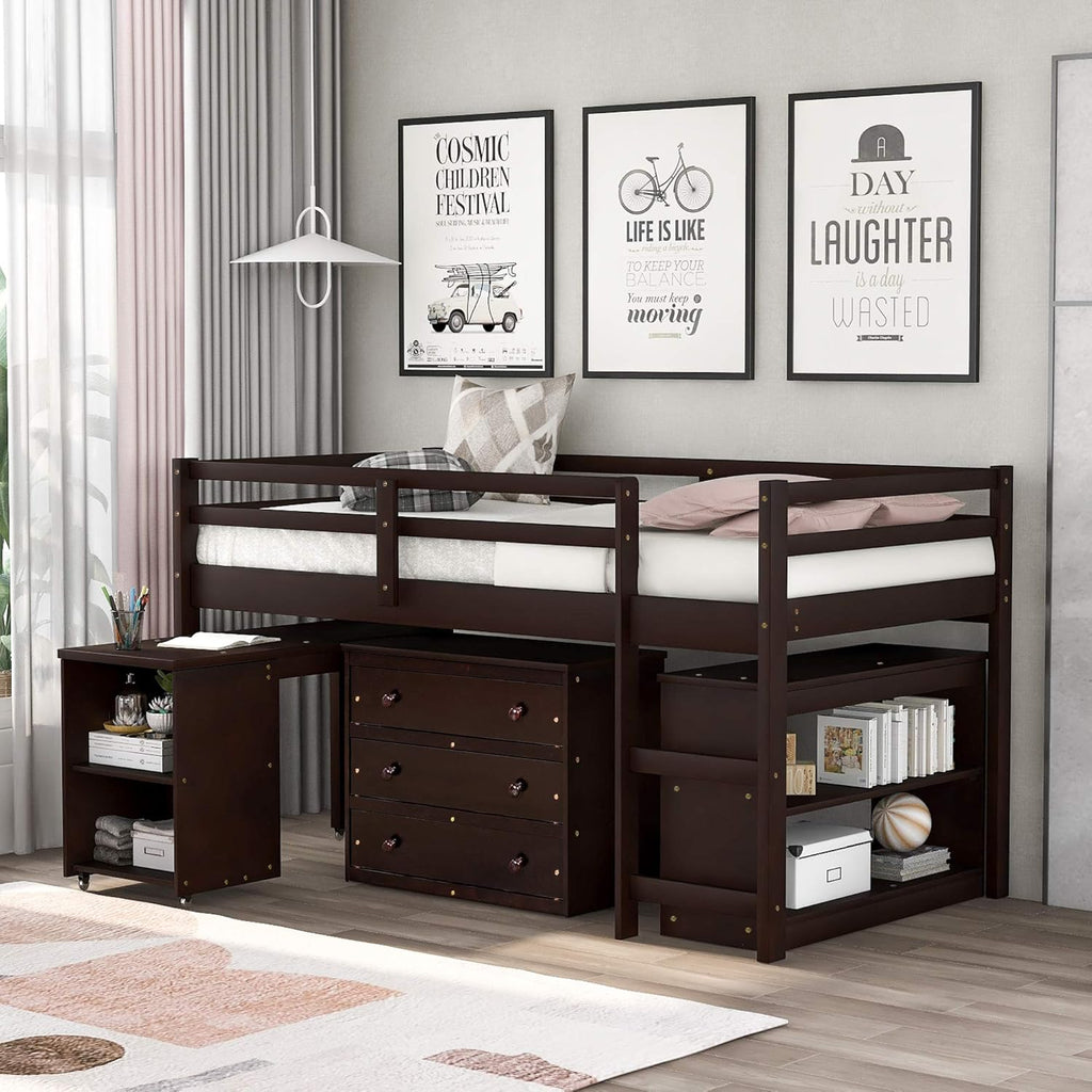 Twin Loft Bed with Desk and Cabinet Wooden Bunk Bed F372916