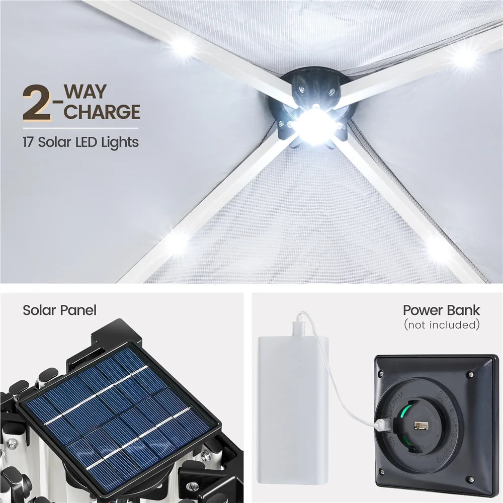 Black 10×10ft Canopy Tent with 17 Solar LED Lights Q6953
