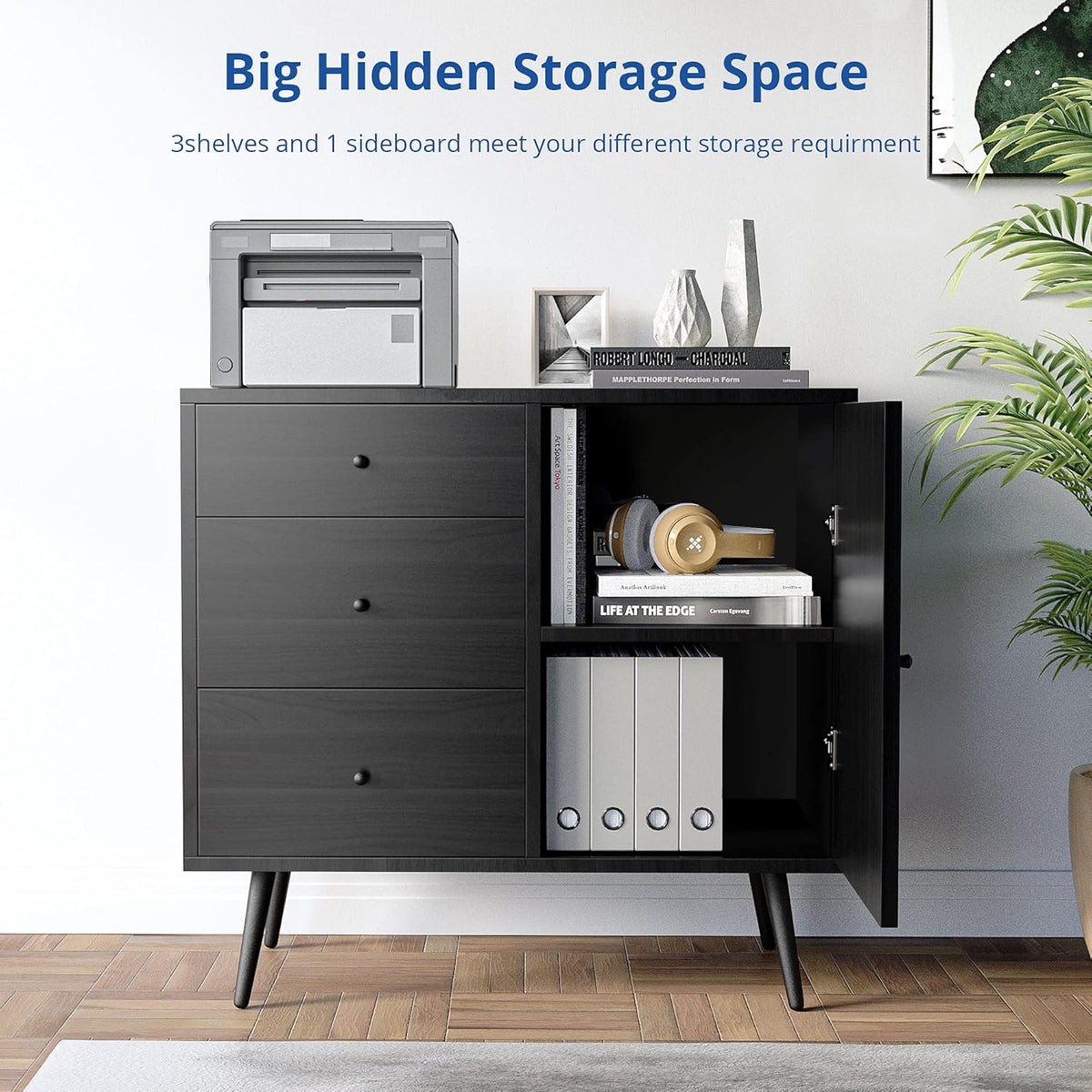 Black 3 Drawer Wood Sideboard Cabinet V1965