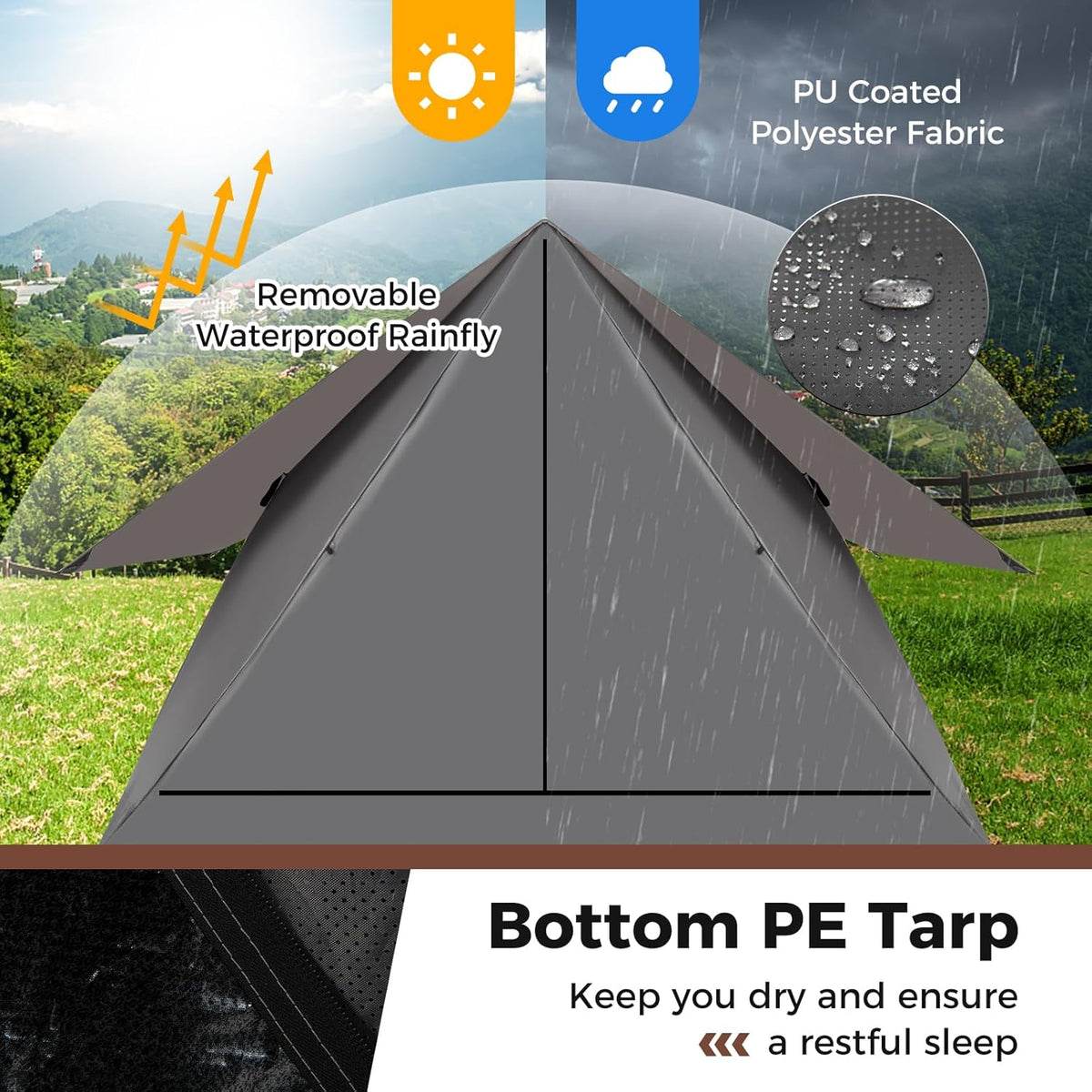 Pop Up Camping Tent for 2-3 Person with Removable Rainfly and Carrying Bag A6615
