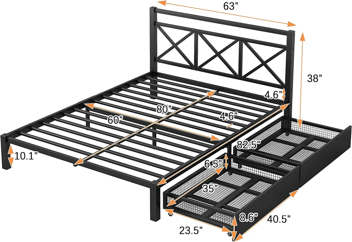 Queen Size Metal Platform Bed with 2 Side Drawers and Headboard R611094