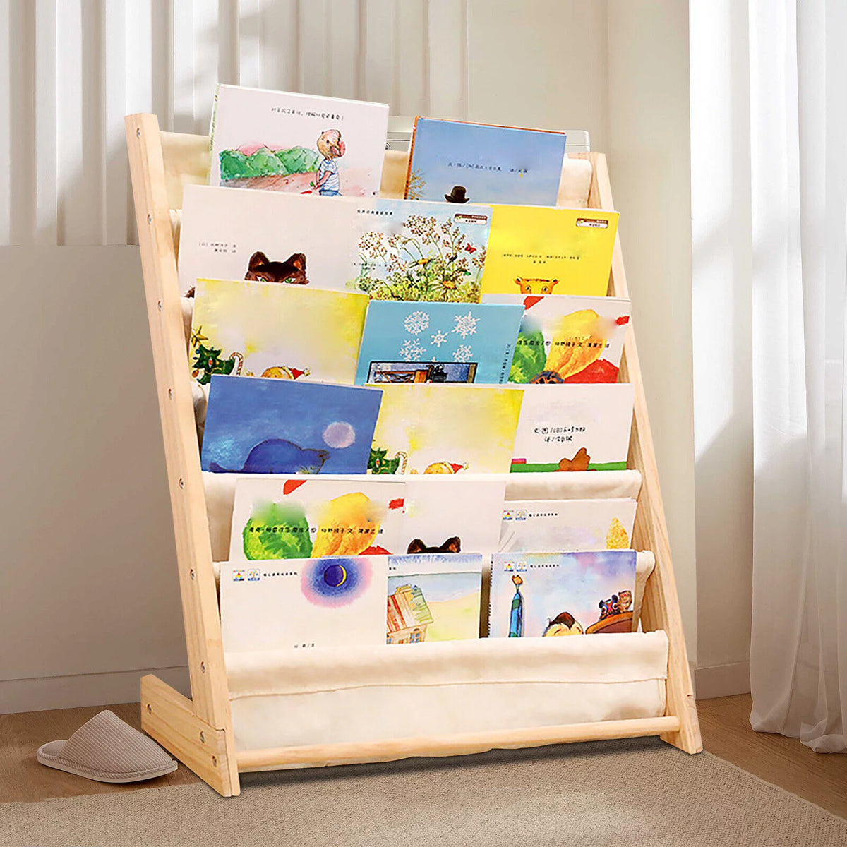6 Tiers Wooden Kids Book Rack Storage Bookshelf with Canvas Shelves S79303