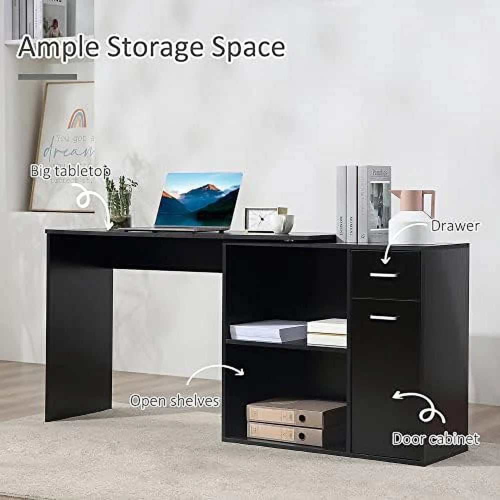 L Shaped Computer Desk with Shelves Drawer and Cabinet White Q334657