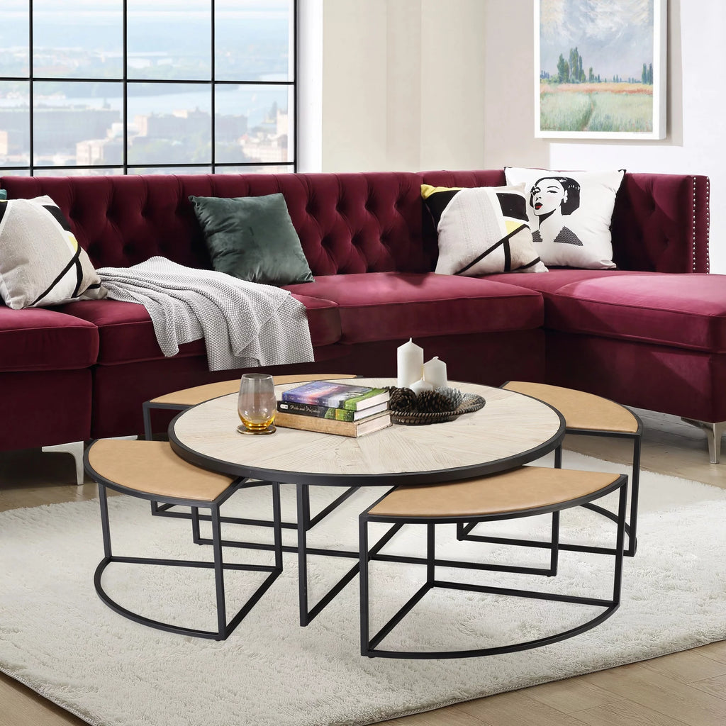 Black Round Coffee Table with 4 Nesting Stools G74040