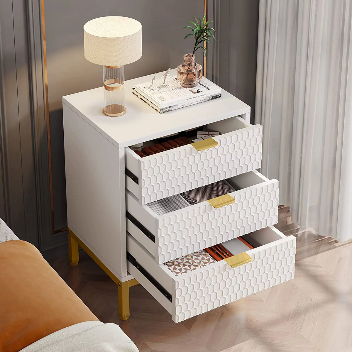 White and Gold 3 Drawer Nightstand G830411