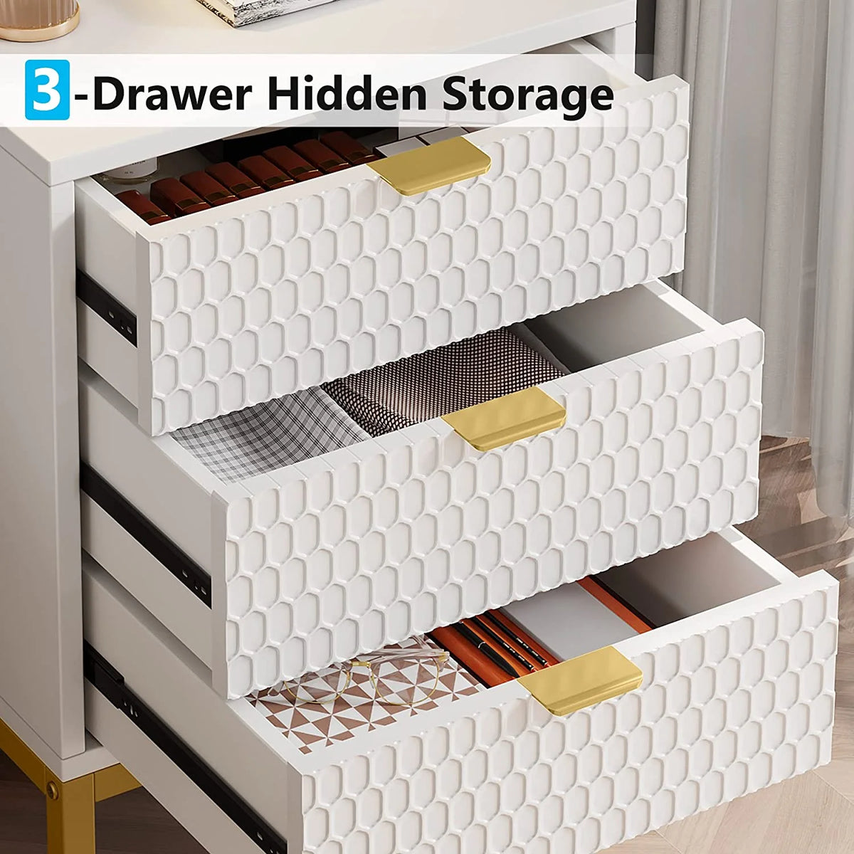 White and Gold 3 Drawer Nightstand G830411