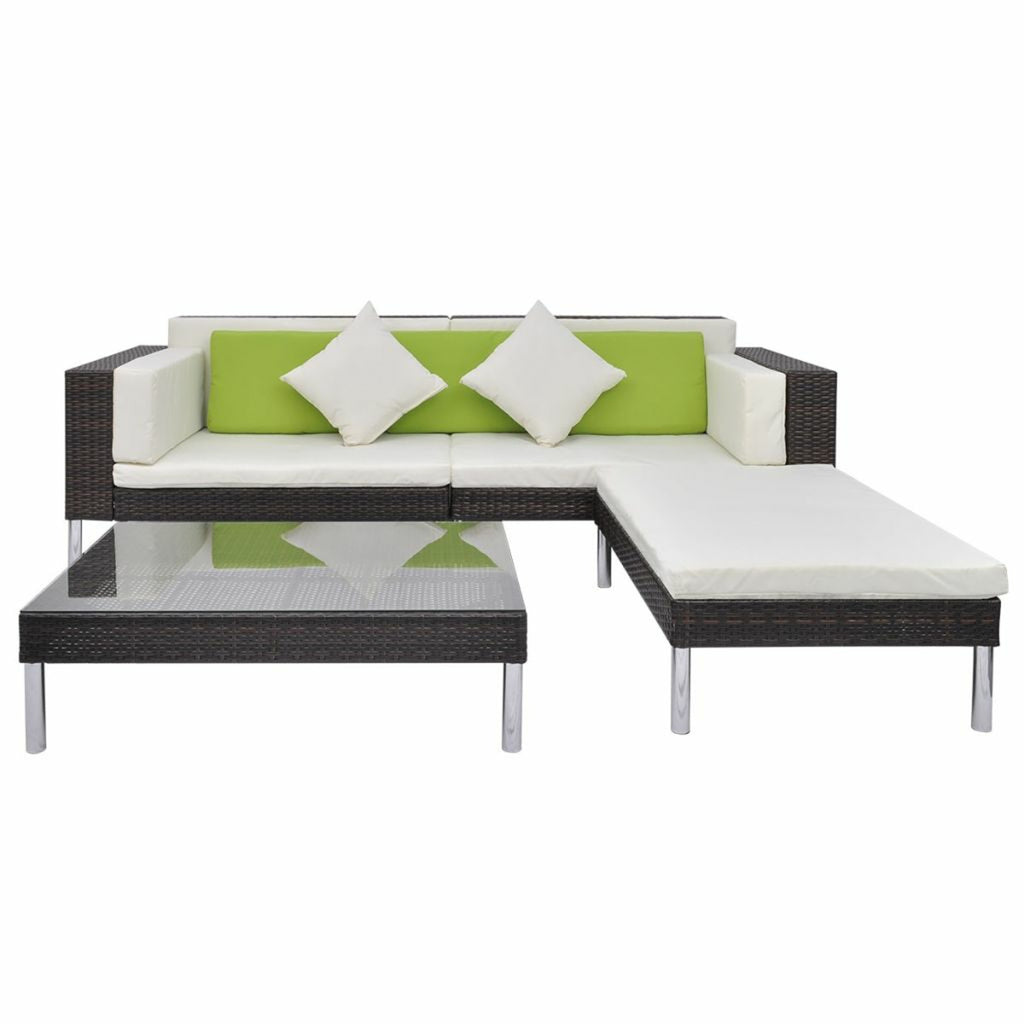 4 Piece Outdoor Conversation Set Cushioned Corner Sofa with Ottoman and Coffee Table Sectional Sofa Set Brown Poly Rattan L406315
