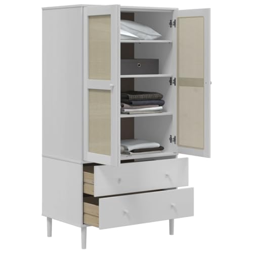 White Solid Pine Wood Wardrobe with Rattan Look Design Y7525