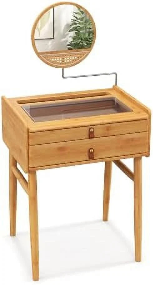 Vanity Desk with Rotating Mirror 2 Drawers Tempered Glass Tabletop X13002