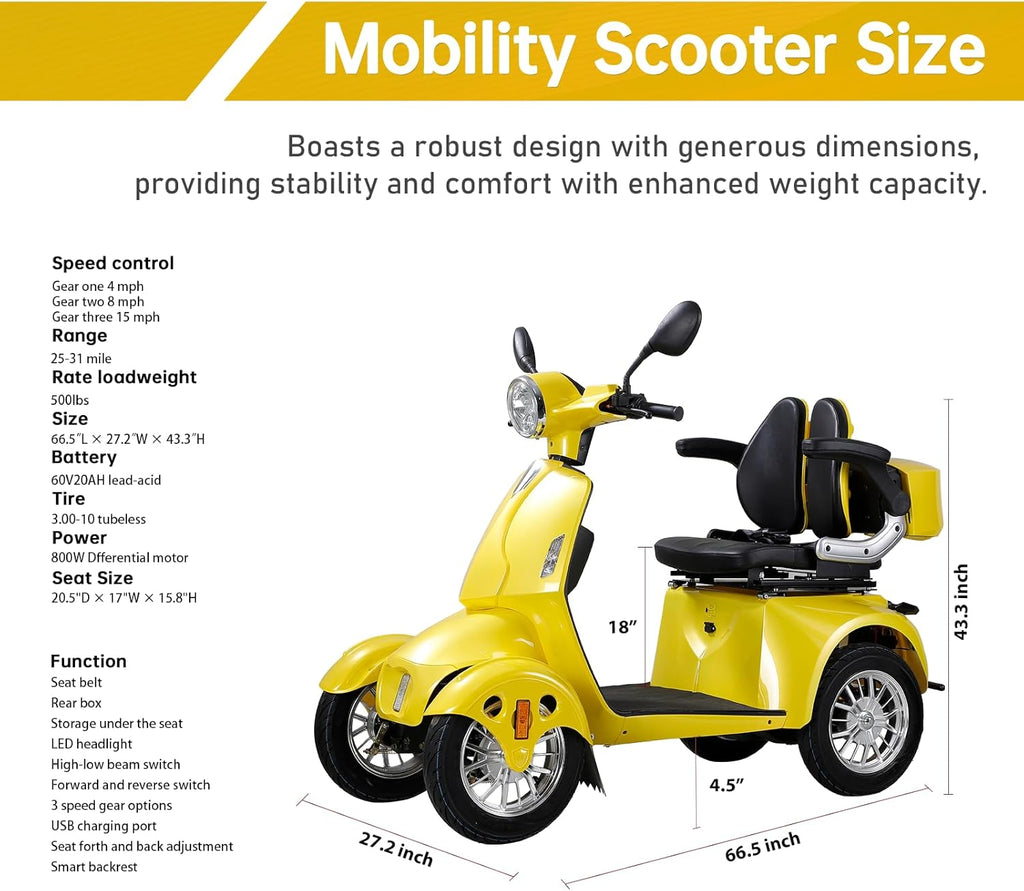 Heavy Duty 4-Wheel 3 Speed Mobility Scooter, 500 lbs. Weight Capacity H47480