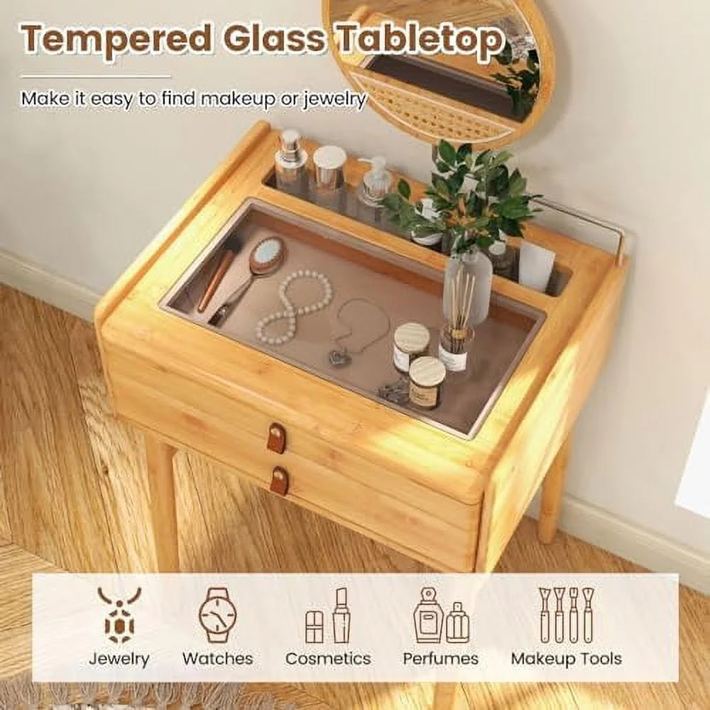 Vanity Desk with Rotating Mirror 2 Drawers Tempered Glass Tabletop X13002