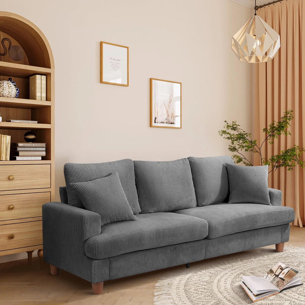 Gray Corduroy 3 Seater Sofa with 2 Pillows R241796
