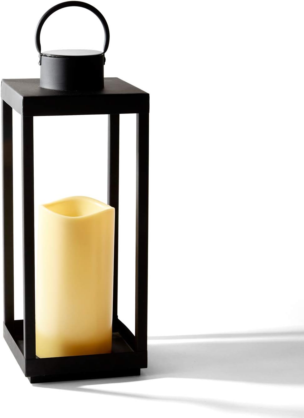 Large Outdoor Lantern with Solar Candle, 18 Inch Tall, Matte Black Metal Frame, Waterproof Flameless Pillar Candle M2652