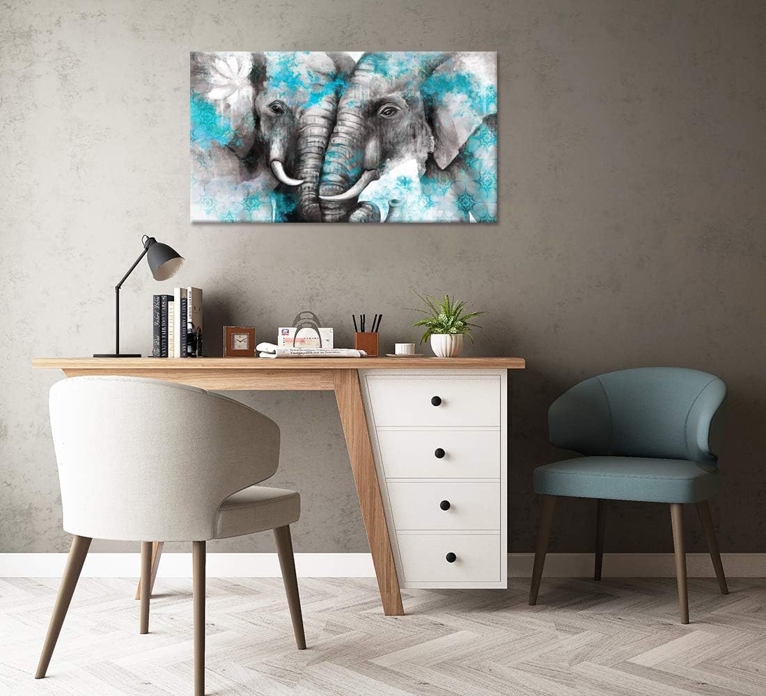 Large Animal Canvas Wall Art Elephant Couple in Love Boho Decor Mandala Elephant Grey and Teal Artwork Stretched and Framed Ready to Hang 20x36inch F194