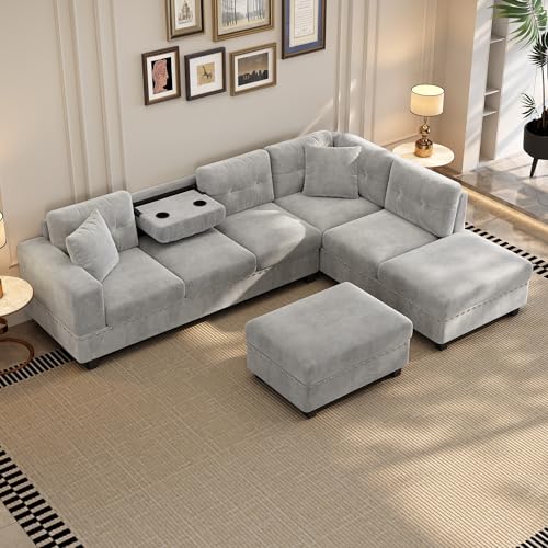 Modern L Shaped Polyester Sectional Sofa with Storage Ottoman V987221