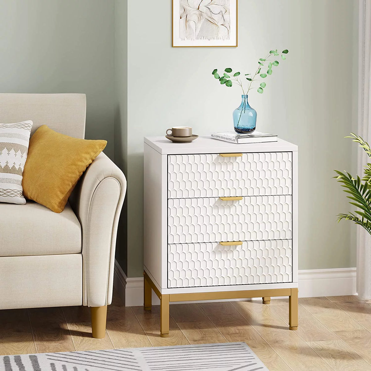 White and Gold 3 Drawer Nightstand G830411