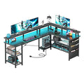 Black Carbon Fiber L Shaped Gaming Desk with Power Outlet and LED Lights C876
