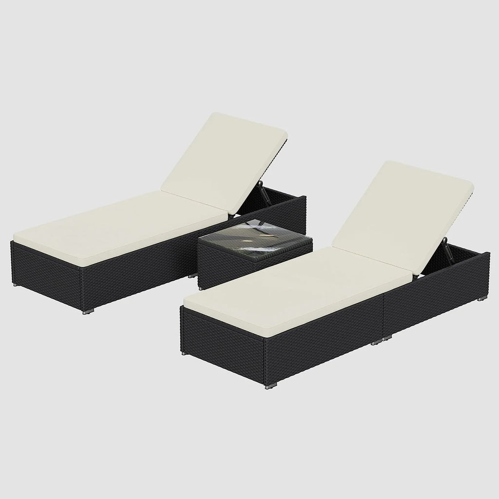 Outdoor PE Wicker Chaise Lounge Set with Cushions and Storage Table J6230