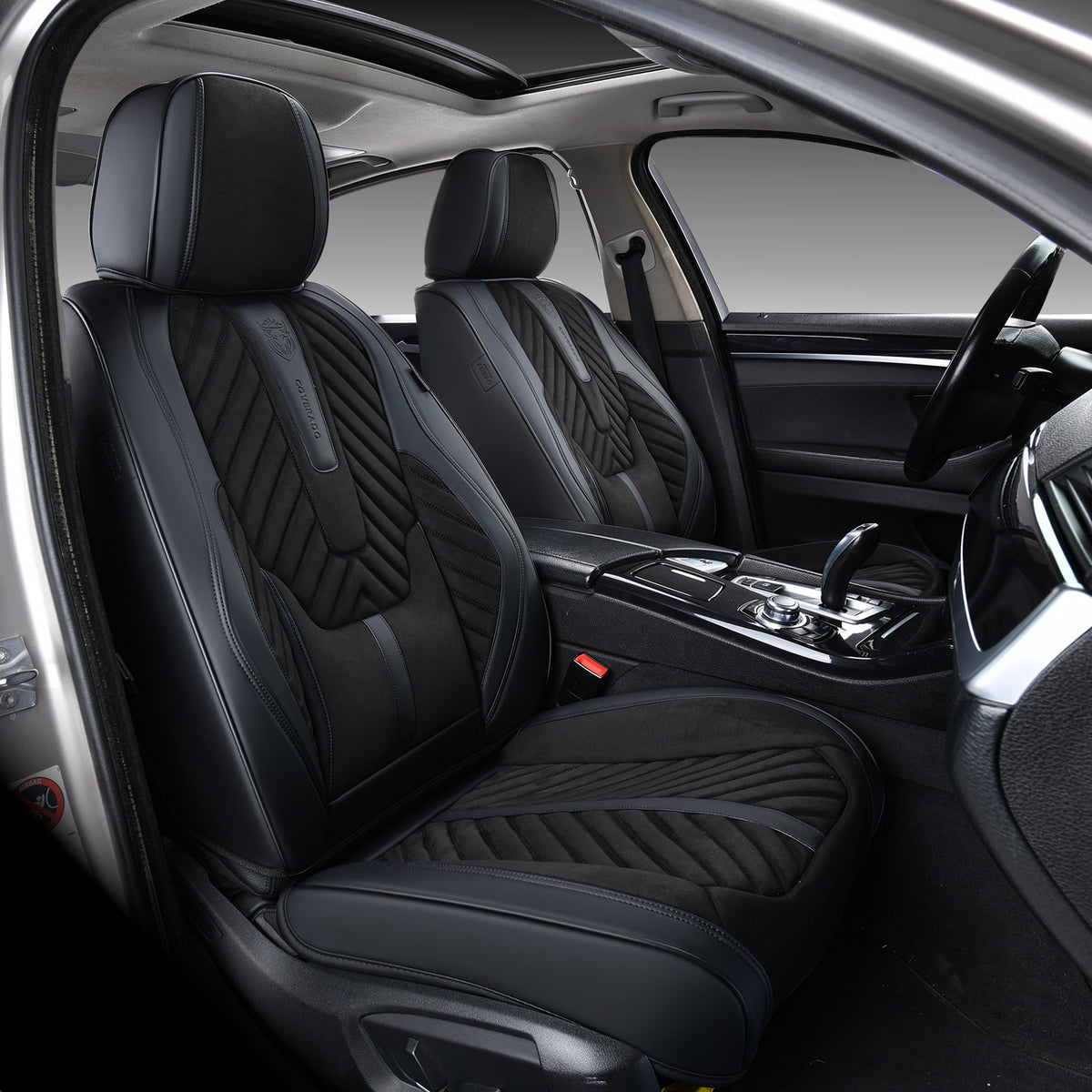 Black Suede and Leather Front and Rear Car Seat Covers, 5 Seats Y303017