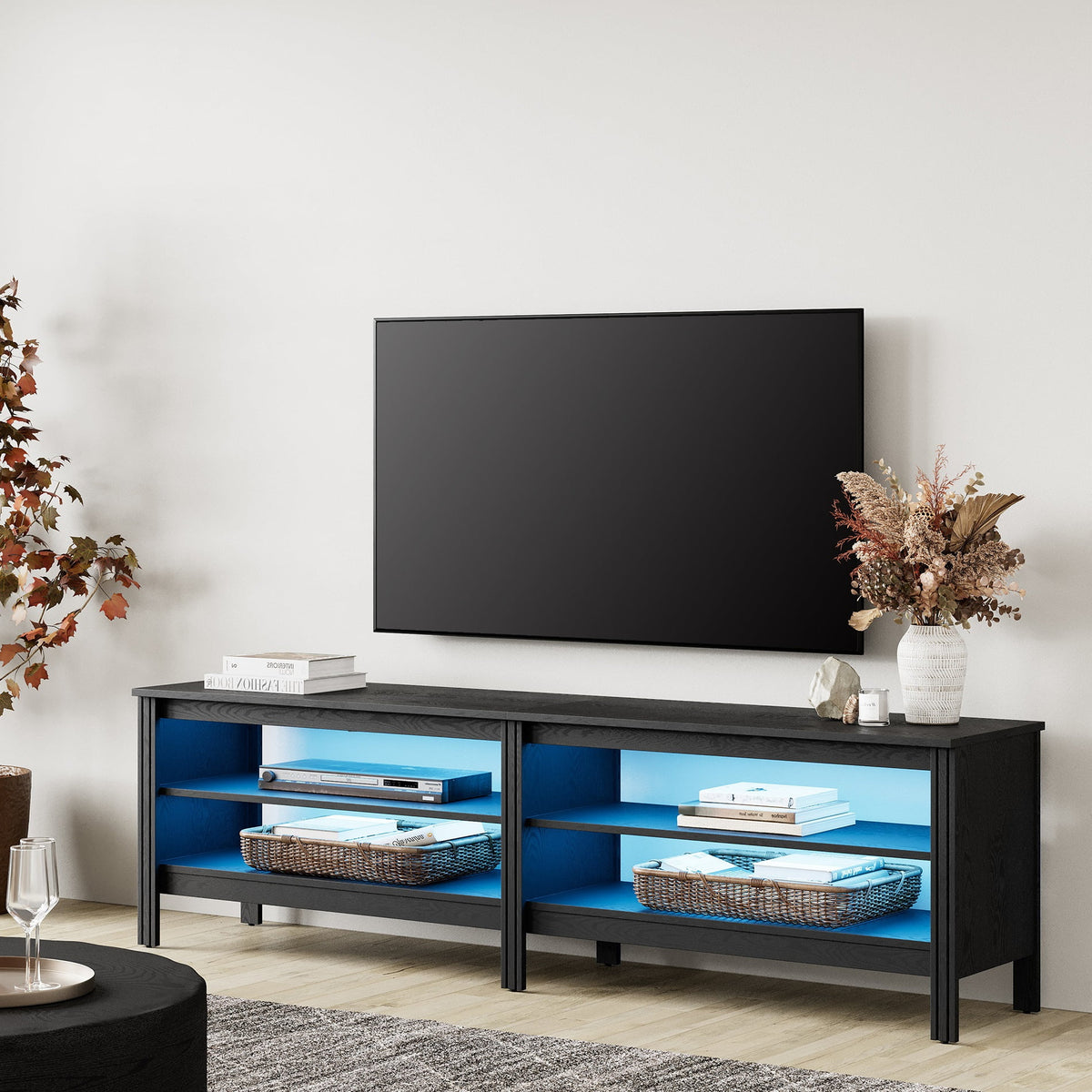 Black 70 inch Wood TV Stand with 4 Storages O703