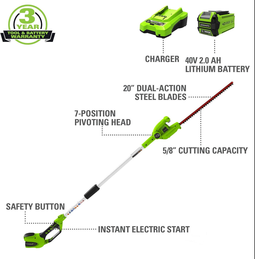 40V 20" Cordless Pole Hedge Trimmer with 2.0Ah Battery and Charger W28179
