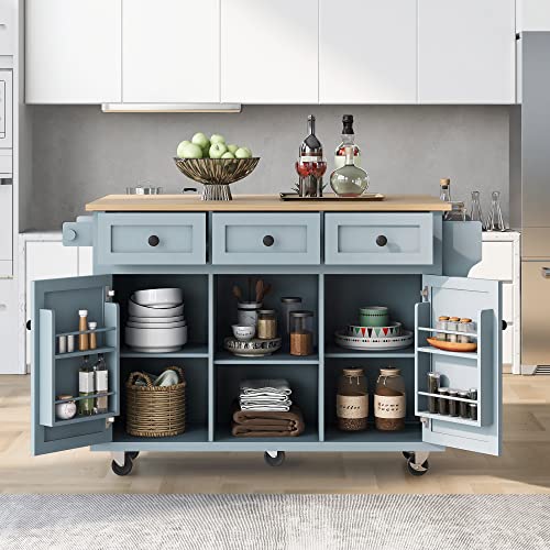 Large Kitchen Island with 2 Drop Leaf, Rolling Kitchen Cart on 5 Wheels with Power Outlet, Folding Storage Dining Table with Spice & Towel Rack, 3 Drawers K771675