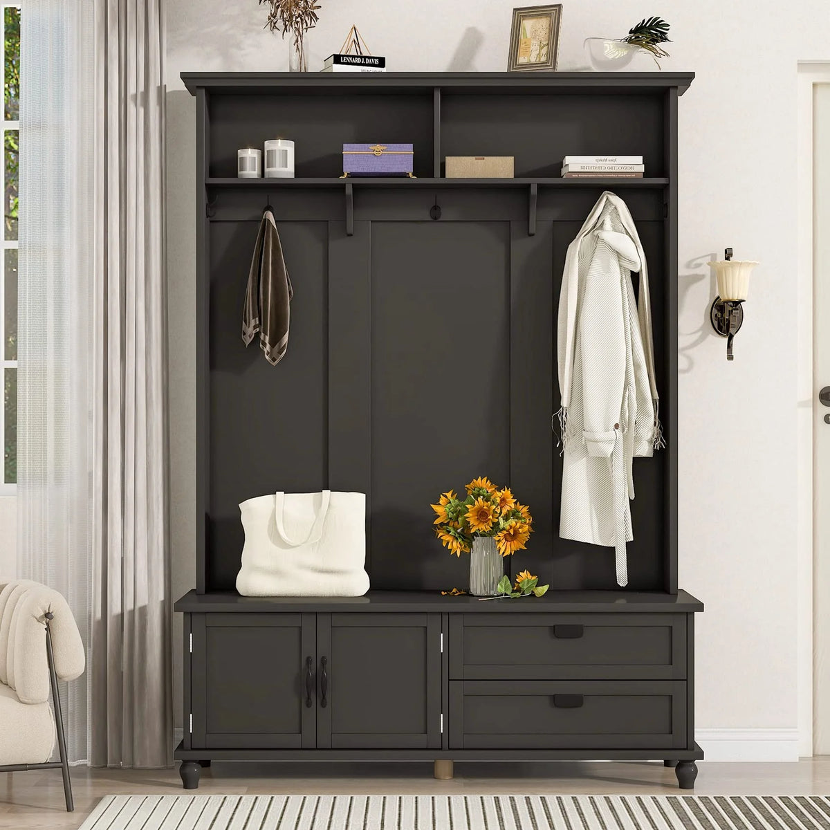 Hall Tree with Bench and Shoe Storage, Coat Rack, 2 Drawers and Shelves, 5 Hooks (Black) Y31897