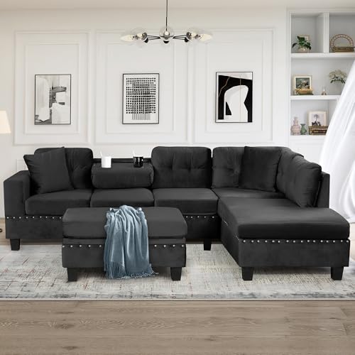 Modern L Shaped Polyester Sectional Sofa with Storage Ottoman V987221