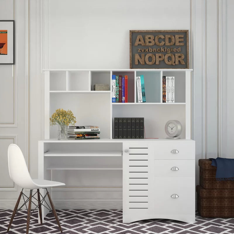 Antiqued White Computer Desk With Hutch And Keyboard Drawer E800865