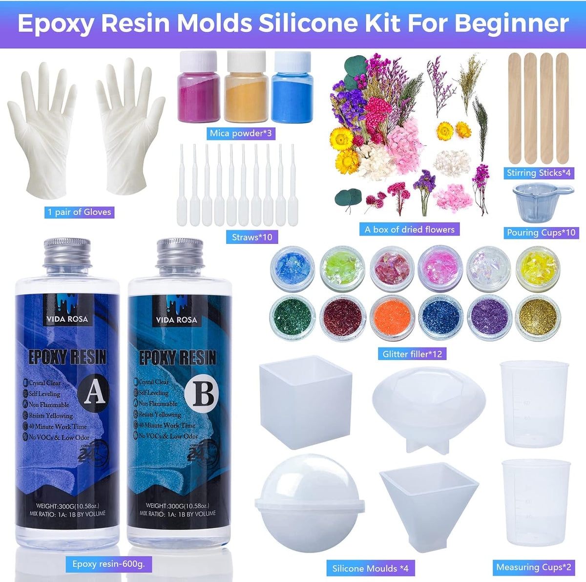 600ml Epoxy Resin Kit with Molds, Dried Flower, Gloves, Measuring Cup, Wooden Sticks I12446