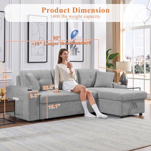 92" Reversible Sleeper Sectional Sofa with Storage Chaise, Light Gray Linen Fabric W3960