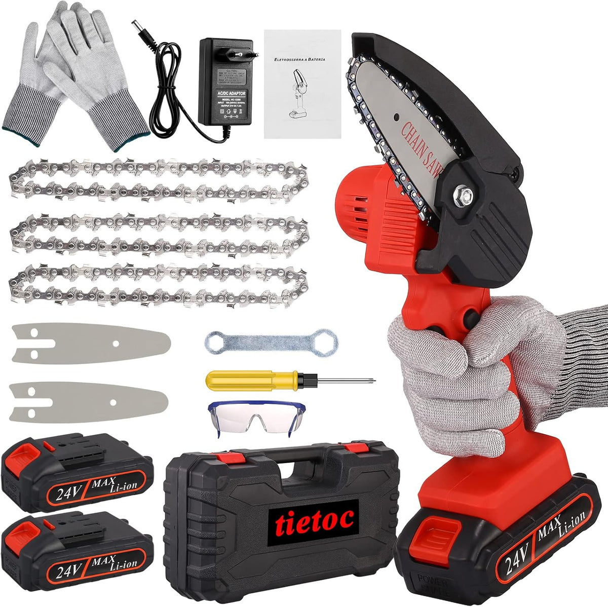 Cordless 4 Inch 24V Electric Chainsaw with 2 Batteries, 2 Chains, Pack of 2 O34868