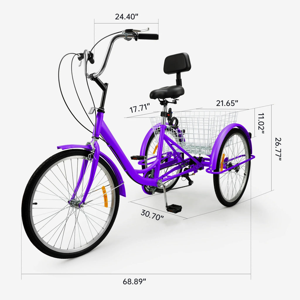 24 Purple 7-Speed Adult Tricycle with Seat and Rear Basket I606772